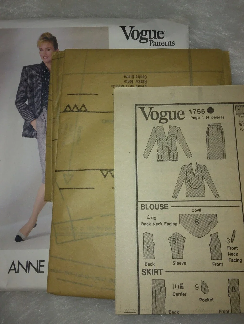 VOGUE 1755 Sz 12 American Designer Anne Klein Collection Jacket Skirt Blouse